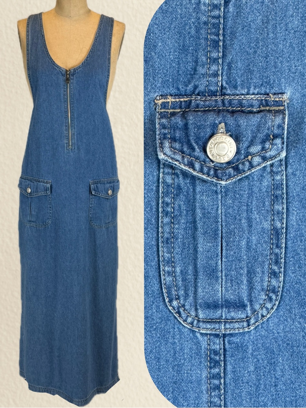 VINTAGE 90s denim jeans dress long maxi jumper pinafore pockets 100% cotton blue